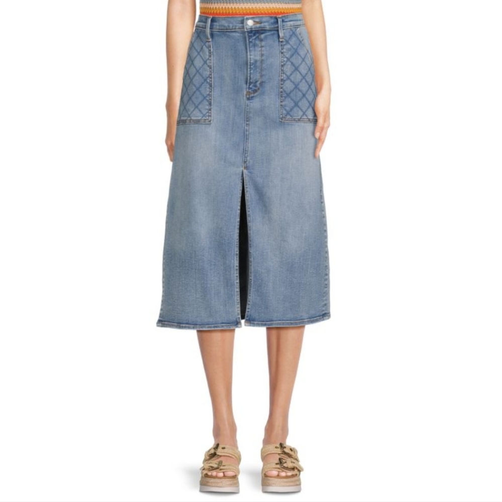 Driftwood Piper Quilted Blue Denim Midi Jean Skirt